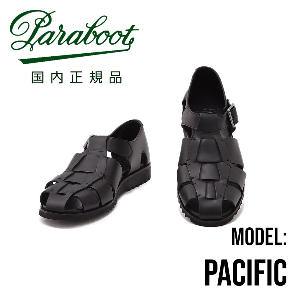 パラブーツPARABOOTブラックオイルドレザーでビーチ対応。グラディエーター系の太編み込みレザーグルカサンダル）ｎ