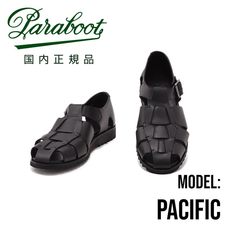 パラブーツPARABOOTブラックオイルドレザーでビーチ対応。グラディエーター系の太編み込みレザーグルカサンダル）ｎ