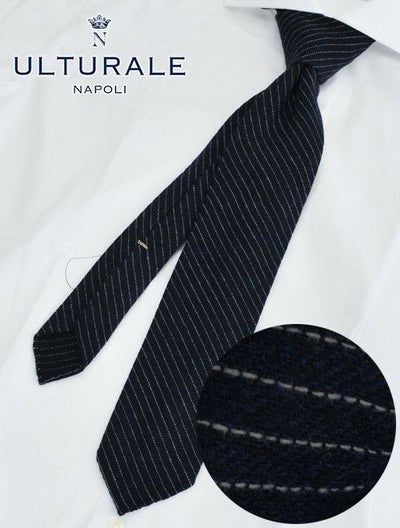 ウルトゥラーレULTURALEネイビーホワイトレジメンタル柄トレピエゲ3つ折りネクタイカシミア100％一枚地仕立てプレゼント
