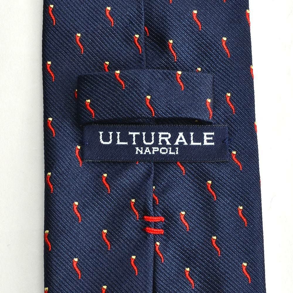 ウルトゥラーレULTURALEメンズネクタイシルク100％7ピエゲ7つ折りネイビーコルノ刺繍チャーム付きイタリア製アクセサリー剣先幅7cm