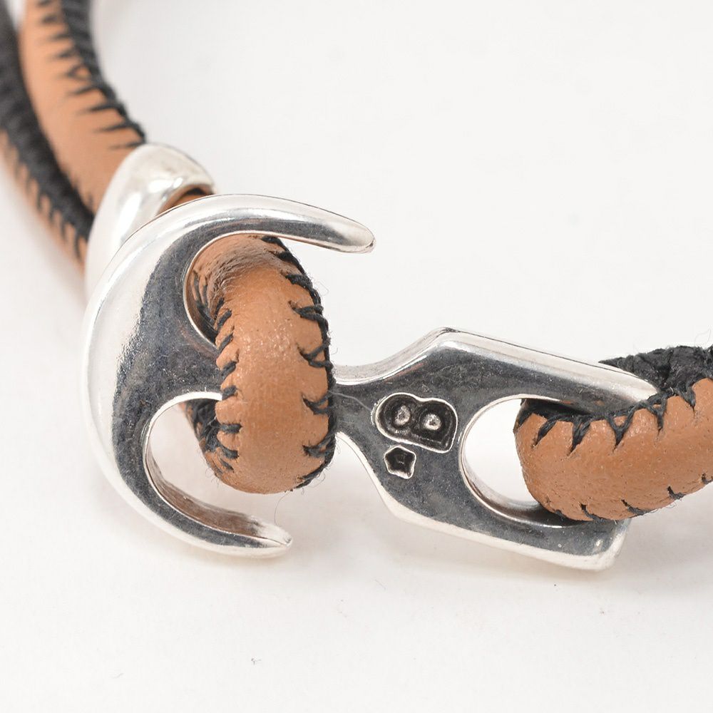 Bijoyビジョイブレスレットユニセックスレザーバングル牛革錨フックキャメル×ブラックポリエステルニッケル・リードフリー真鍮ハンドメイドフランス製