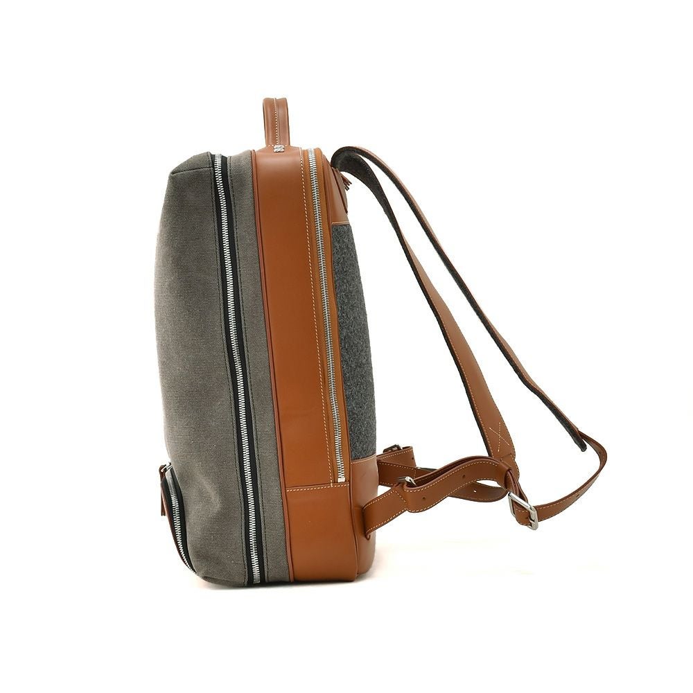 ルンディlundiバックパックメンズ旅行用リュックANTOINEアントワーヌコーティングキャンバスレザーコンビグレー&コニャックスクエア型フォルム1泊用フランス国内正規品でらでら公式ブランド