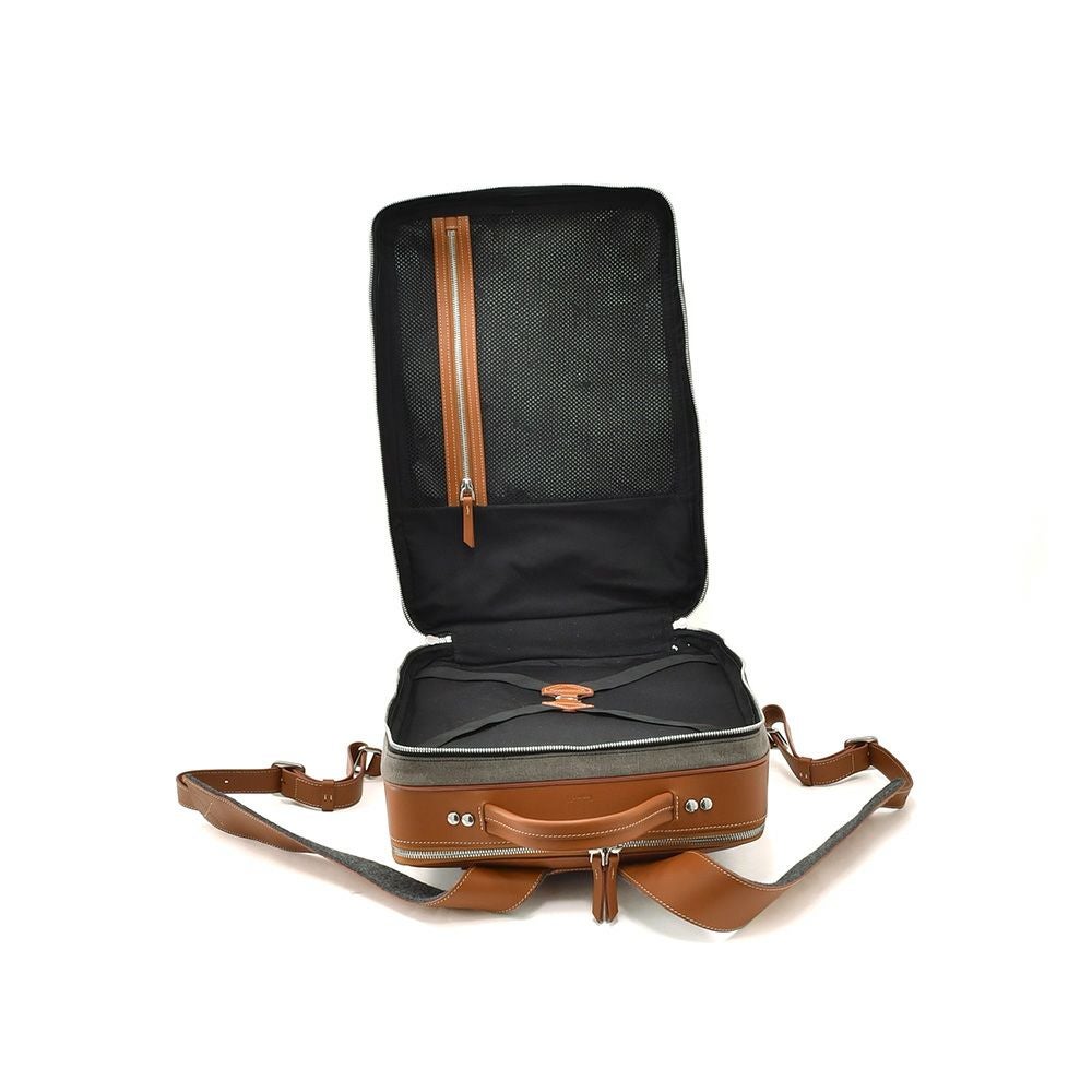 ルンディlundiバックパックメンズ旅行用リュックANTOINEアントワーヌコーティングキャンバスレザーコンビグレー&コニャックスクエア型フォルム1泊用フランス国内正規品でらでら公式ブランド