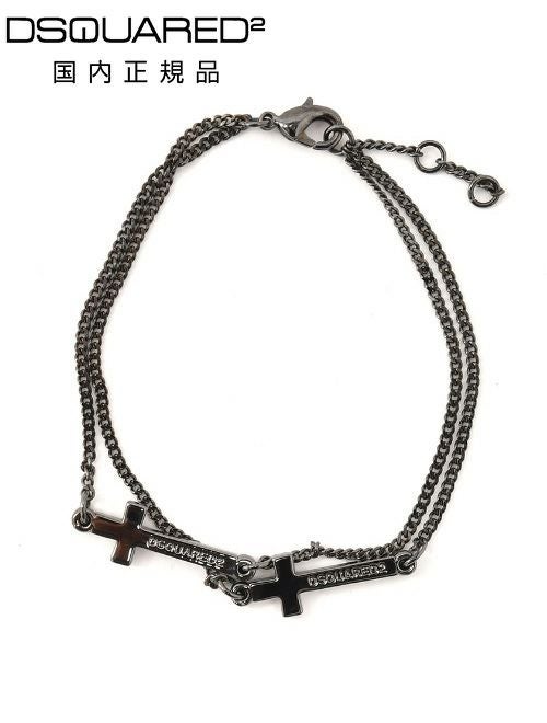 ディースクエアードDSQUARED2ブレスレットメンズJesusBracelets2連クロスチェーンルテニウムブラックリング調節式ユニセックス真鍮ジュエリー国内正規品でらでら公式ブランド
