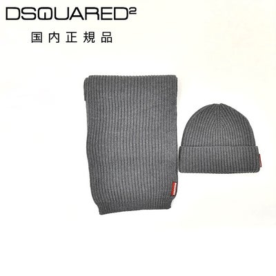 ディースクエアードDSQUARED2メンズマフラー&キャップニット帽2点セットグレーねずみ色灰色ウールブランドタグ赤タグ男性プレゼントギフト国内正規品