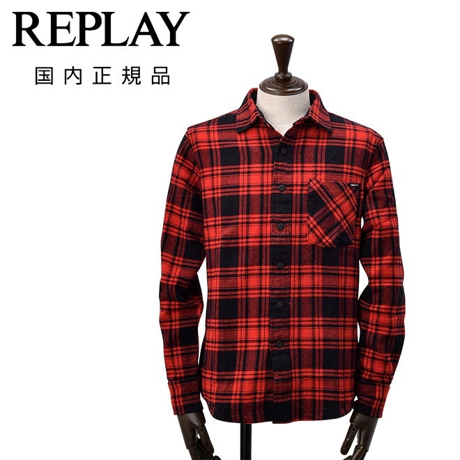 リプレイREPLAYチェック柄シャツメンズコットンフランネル胸ポケットデザインレッド×ブラックパッチ釦フロントレギュラーフィット国内正規品でらでら公式ブランド