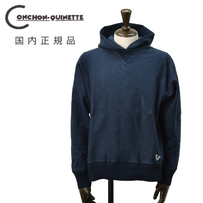【preSALE!30%off】コンションキネットCONCHONQUINETTEプルオーバーパーカーメンズスウェット生地ネイビー紺オーガニックコットンフリーダムスリーブ裏パイルアイコンパッチ国内正規品でらでら公式ブランド