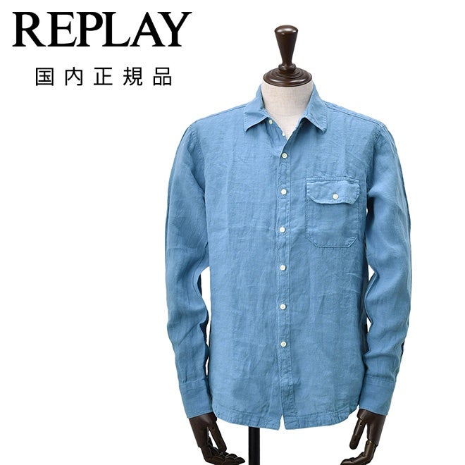 【preSALE!30%off】リプレイREPLAY長袖カジュアルシャツメンズロングスリーブリネン生地ガーメントダイブルーフラップ付き胸ポケットブランドタグレギュラーフィット国内正規品でらでら公式ブランド
