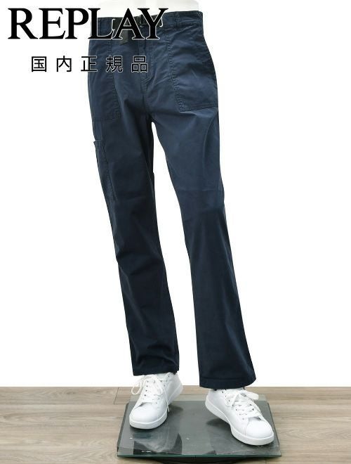 【preSALE!50%off】リプレイREPLAYコットンパンツメンズストレッチツイル生地ウエスト調節可能バックルダークブルーガーメントダイカーペンターパンツレギュラーシルエットカーゴ型ポケット国内正規品でらでら公式ブランド