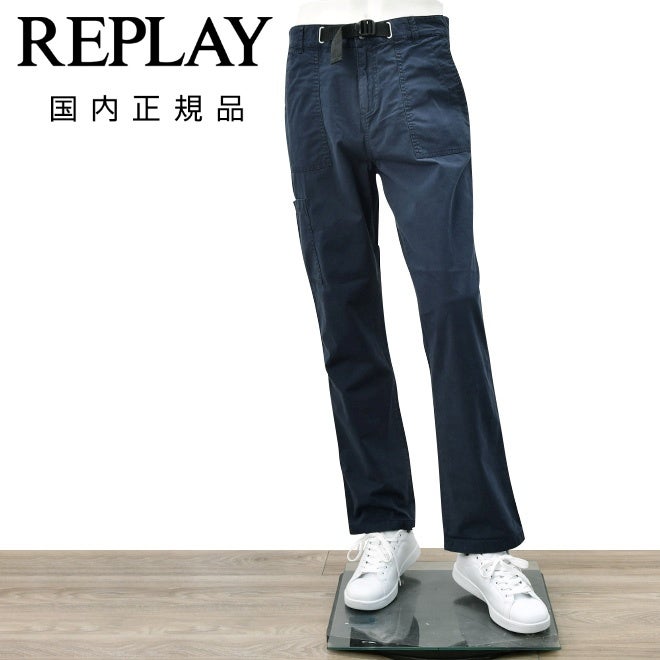 【preSALE!50%off】リプレイREPLAYコットンパンツメンズストレッチツイル生地ウエスト調節可能バックルダークブルーガーメントダイカーペンターパンツレギュラーシルエットカーゴ型ポケット国内正規品でらでら公式ブランド