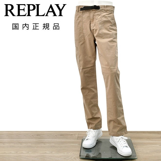【preSALE!50%off】リプレイREPLAYコットンパンツメンズストレッチツイル生地ウエスト調節可能バックルブラウンベージュガーメントダイカーペンターパンツレギュラーシルエットカーゴ型ポケット国内正規品でらでら公式ブランド