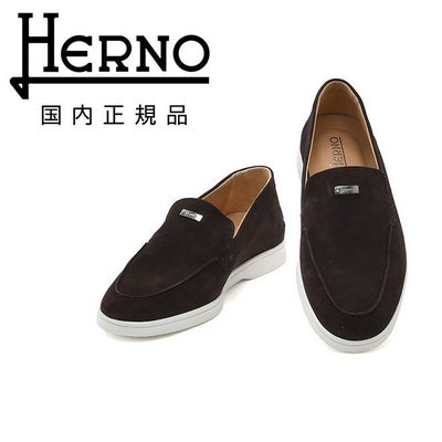 【preSALE!20%off】ヘルノHERNOモカシンスニーカーメンズスリッポンSH005UMカーフスエードダークブラウンモノグラムデザインゴムソールシルバープレート国内正規品でらでら公式ブランド