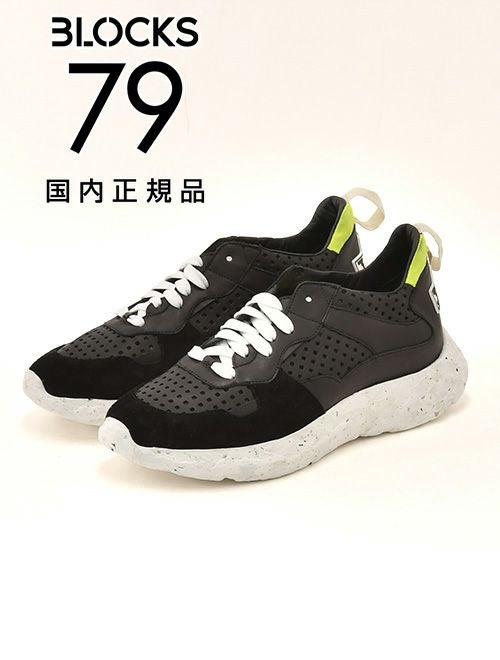 ブロックス79BLOCKS79スニーカーメンズレースアップシューズCOBIモデルパンチングブランドアイコンブラック黒スムースレザーEｘtralightソールサスティナブル国内正規品でらでら公式ブランド