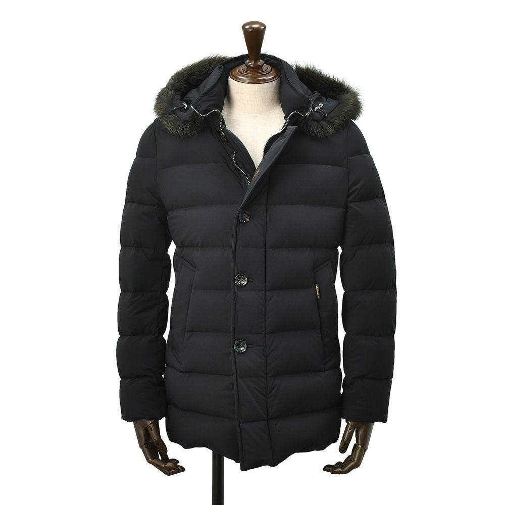 ムーレーMooRER国内正規品メンズ軽量ダウンジャケットMORESCO-KNモレスコストレッチマットナイロンネイビーラクーンファー付きフード着脱式ACQUAライン撥水軽量でらでら公式ブランド