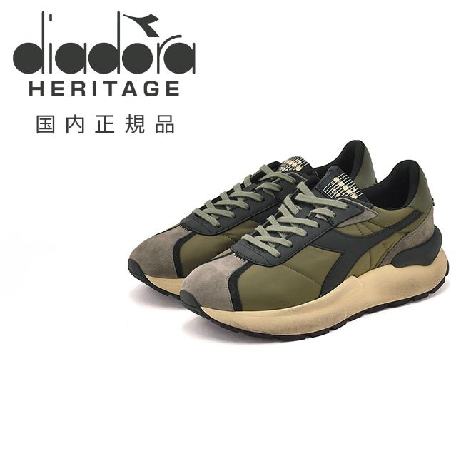 ディアドラヘリテージDiadoraHeritageレザースニーカーメンズローカットシューズMERCURYELITEカーキ×ブラック厚底タイプストーンウォッシュ加工レースアップ国内正規品でらでら公式ブランド