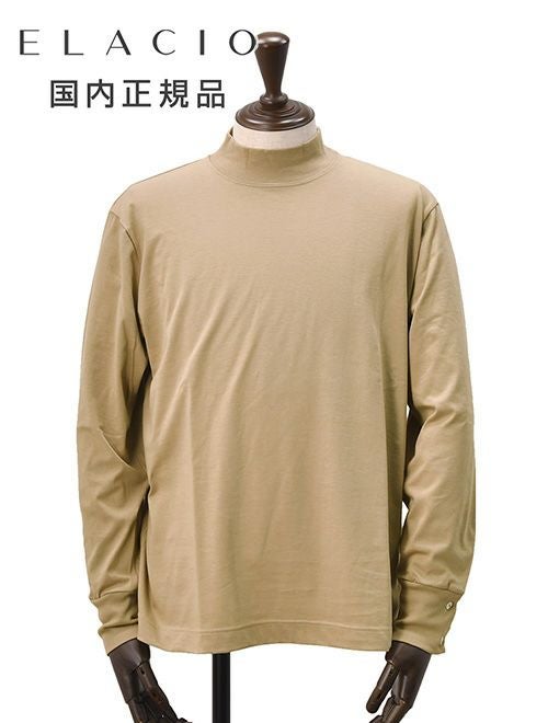【preSALE!20%off】エラシオELACIOモックネックカットソーメンズ長袖Tシャツコットンスムースジャージーベージュ袖口釦仕様無地デザインレギュラーシルエット国内正規品でらでら公式ブランド