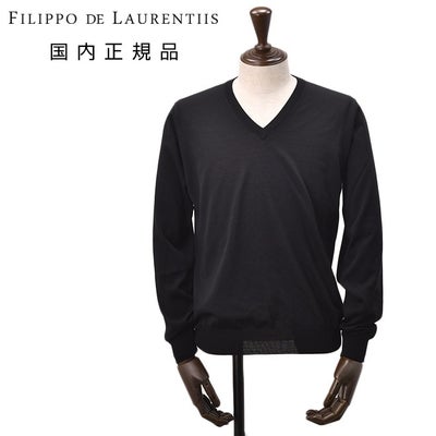 フィリッポデローレンティスFILIPPODELAURENTIISVネックニットメンズハイゲージセーターロイヤルメリノウールブラック黒長袖16ゲージ国内正規品でらでら公式ブランド