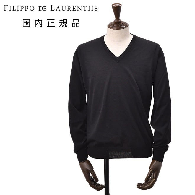 フィリッポデローレンティスFILIPPODELAURENTIISVネックニットメンズハイゲージセーターロイヤルメリノウールブラック黒長袖16ゲージ国内正規品でらでら公式ブランド