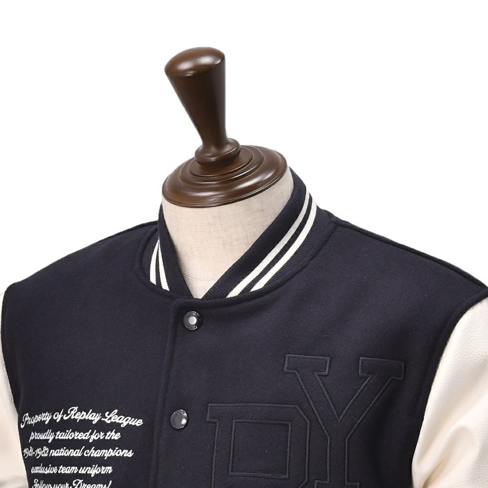 【preSALE!20%off】リプレイREPLAYスタジャンメンズ中綿バーシティージャケットメルトンウール混紡生地異素材切替えデザインネイビー紺レタリングロゴレギュラーフィット国内正規品でらでら公式ブランド