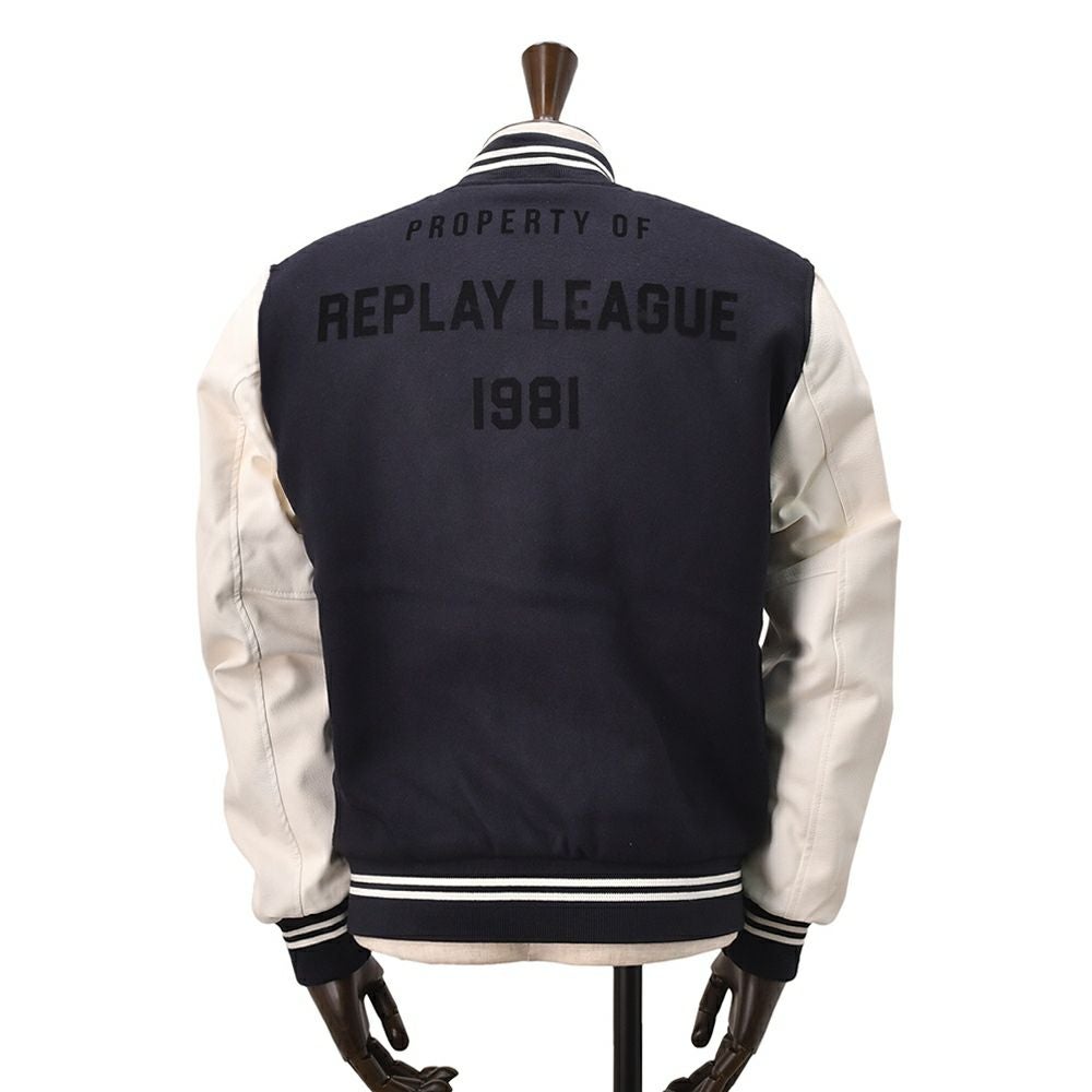 【preSALE!20%off】リプレイREPLAYスタジャンメンズ中綿バーシティージャケットメルトンウール混紡生地異素材切替えデザインネイビー紺レタリングロゴレギュラーフィット国内正規品でらでら公式ブランド