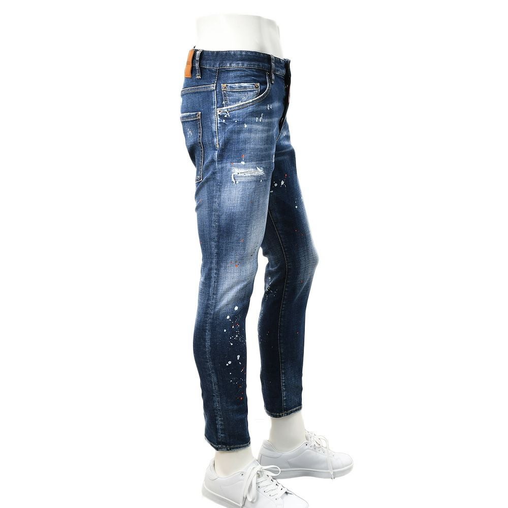 【preSALE!20%off】ディースクエアードDSQUARED2スリムテーパードデニムメンズSKATERJEANスケータージーンインディゴブルー微ダメージペイント加工レザーバックパッチ国内正規品でらでら公式ブランド