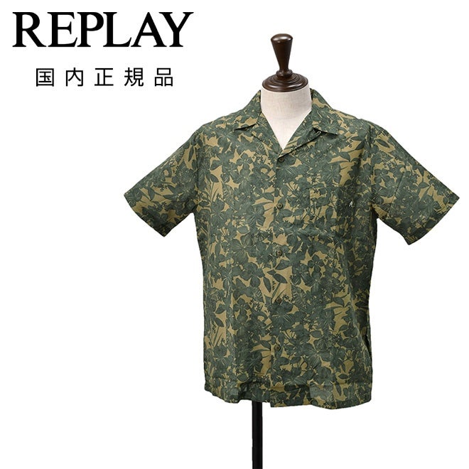リプレイREPLAY開襟シャツメンズコットン100%オープンカラーシャツカーキ×グリーンボタニカル柄オープンカラーシャツレギュラーフィット国内正規品でらでら公式ブランド