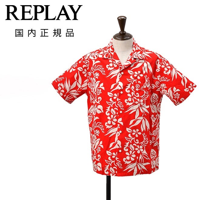 リプレイREPLAY開襟シャツメンズコットン100%オープンカラーシャツレッド×ホワイトフラワー柄オープンカラーシャツレギュラーフィット国内正規品でらでら公式ブランド