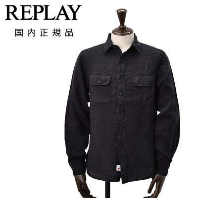 【preSALE!20%off】リプレイREPLAY長袖カジュアルシャツメンズリネン生地CPO型ガーメントダイブラック黒フラップ付き胸ポケットブランドタグレギュラーフィット国内正規品でらでら公式ブランド