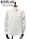 【preSALE!20%off】リプレイREPLAY長袖カジュアルシャツメンズリネン生地CPO型ガーメントダイホワイト白フラップ付き胸ポケットブランドタグレギュラーフィット国内正規品でらでら公式ブランド
