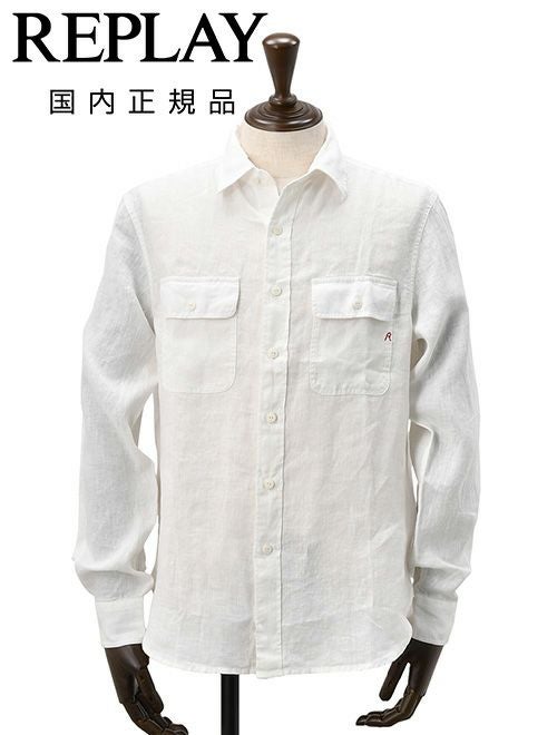 【preSALE!20%off】リプレイREPLAY長袖カジュアルシャツメンズリネン生地CPO型ガーメントダイホワイト白フラップ付き胸ポケットブランドタグレギュラーフィット国内正規品でらでら公式ブランド