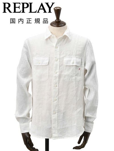【preSALE!20%off】リプレイREPLAY長袖カジュアルシャツメンズリネン生地CPO型ガーメントダイホワイト白フラップ付き胸ポケットブランドタグレギュラーフィット国内正規品でらでら公式ブランド