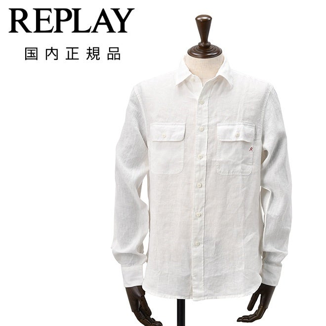 【preSALE!20%off】リプレイREPLAY長袖カジュアルシャツメンズリネン生地CPO型ガーメントダイホワイト白フラップ付き胸ポケットブランドタグレギュラーフィット国内正規品でらでら公式ブランド