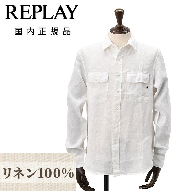 【preSALE!20%off】リプレイREPLAY長袖カジュアルシャツメンズリネン生地CPO型ガーメントダイホワイト白フラップ付き胸ポケットブランドタグレギュラーフィット国内正規品でらでら公式ブランド