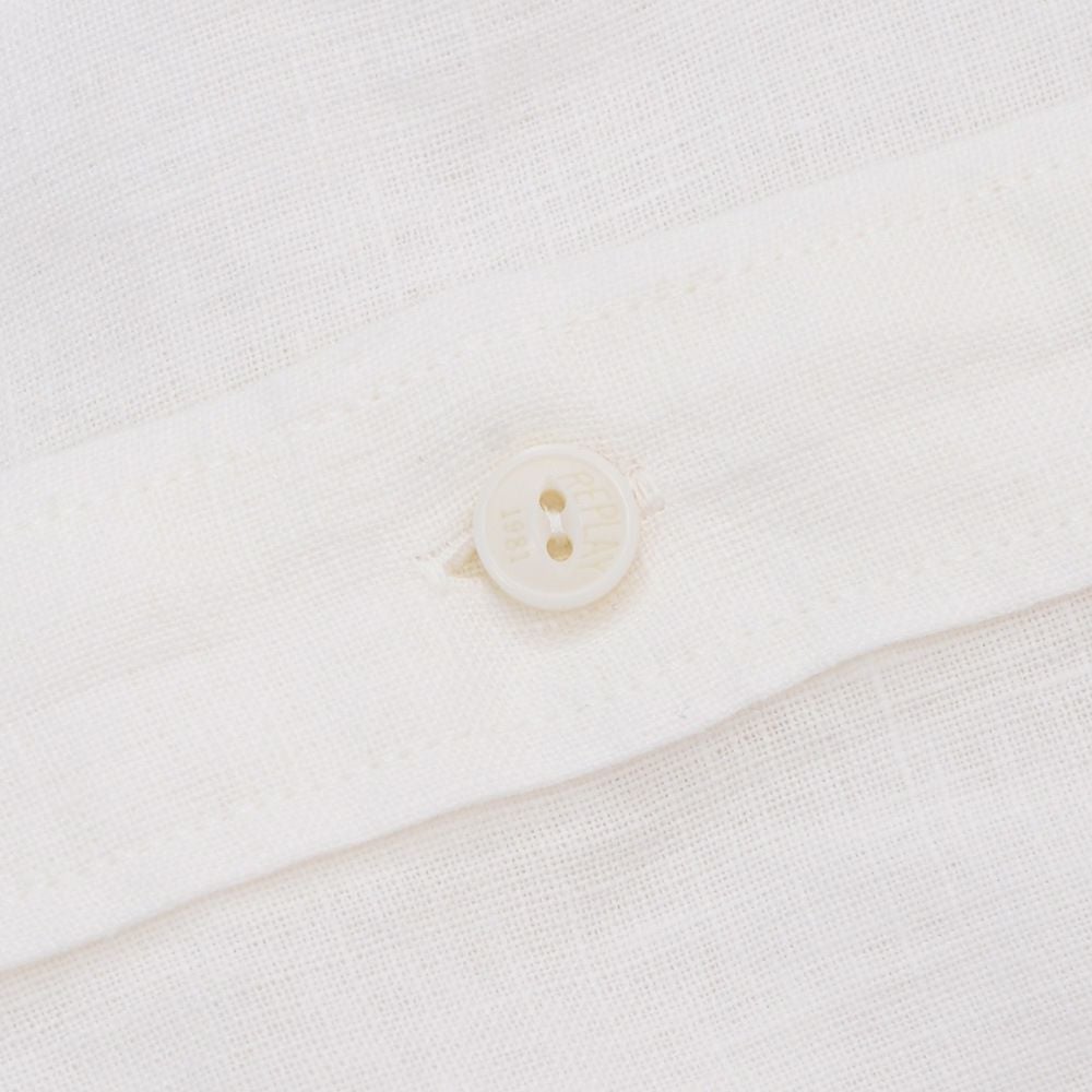 【preSALE!20%off】リプレイREPLAY長袖カジュアルシャツメンズリネン生地CPO型ガーメントダイホワイト白フラップ付き胸ポケットブランドタグレギュラーフィット国内正規品でらでら公式ブランド