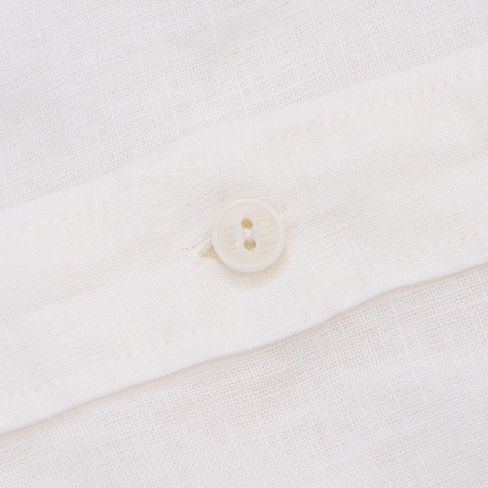 【preSALE!20%off】リプレイREPLAY長袖カジュアルシャツメンズリネン生地CPO型ガーメントダイホワイト白フラップ付き胸ポケットブランドタグレギュラーフィット国内正規品でらでら公式ブランド