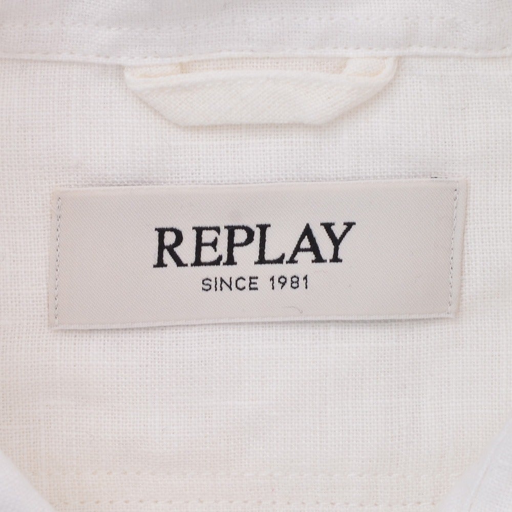 【preSALE!20%off】リプレイREPLAY長袖カジュアルシャツメンズリネン生地CPO型ガーメントダイホワイト白フラップ付き胸ポケットブランドタグレギュラーフィット国内正規品でらでら公式ブランド