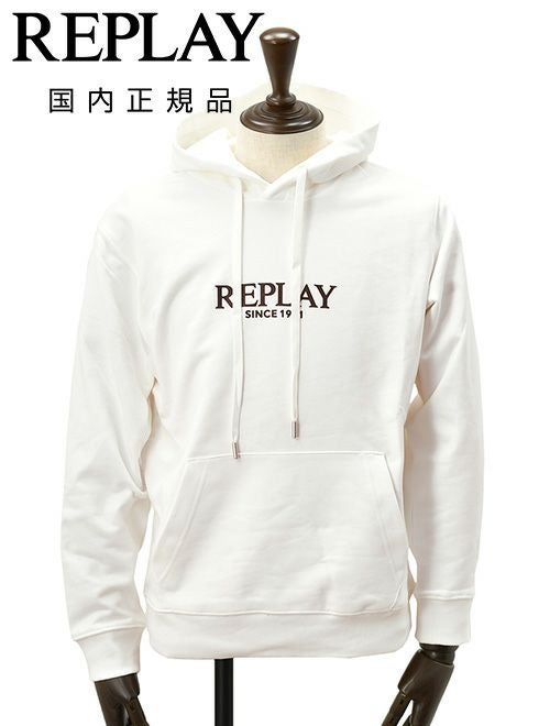 リプレイREPLAYプルオーバーパーカーメンズコットン100%スウェットホワイト白ブランドロゴデザインドローコードレギュラーフィット国内正規品でらでら公式ブランド