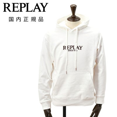 リプレイREPLAYプルオーバーパーカーメンズコットン100%スウェットホワイト白ブランドロゴデザインドローコードレギュラーフィット国内正規品でらでら公式ブランド