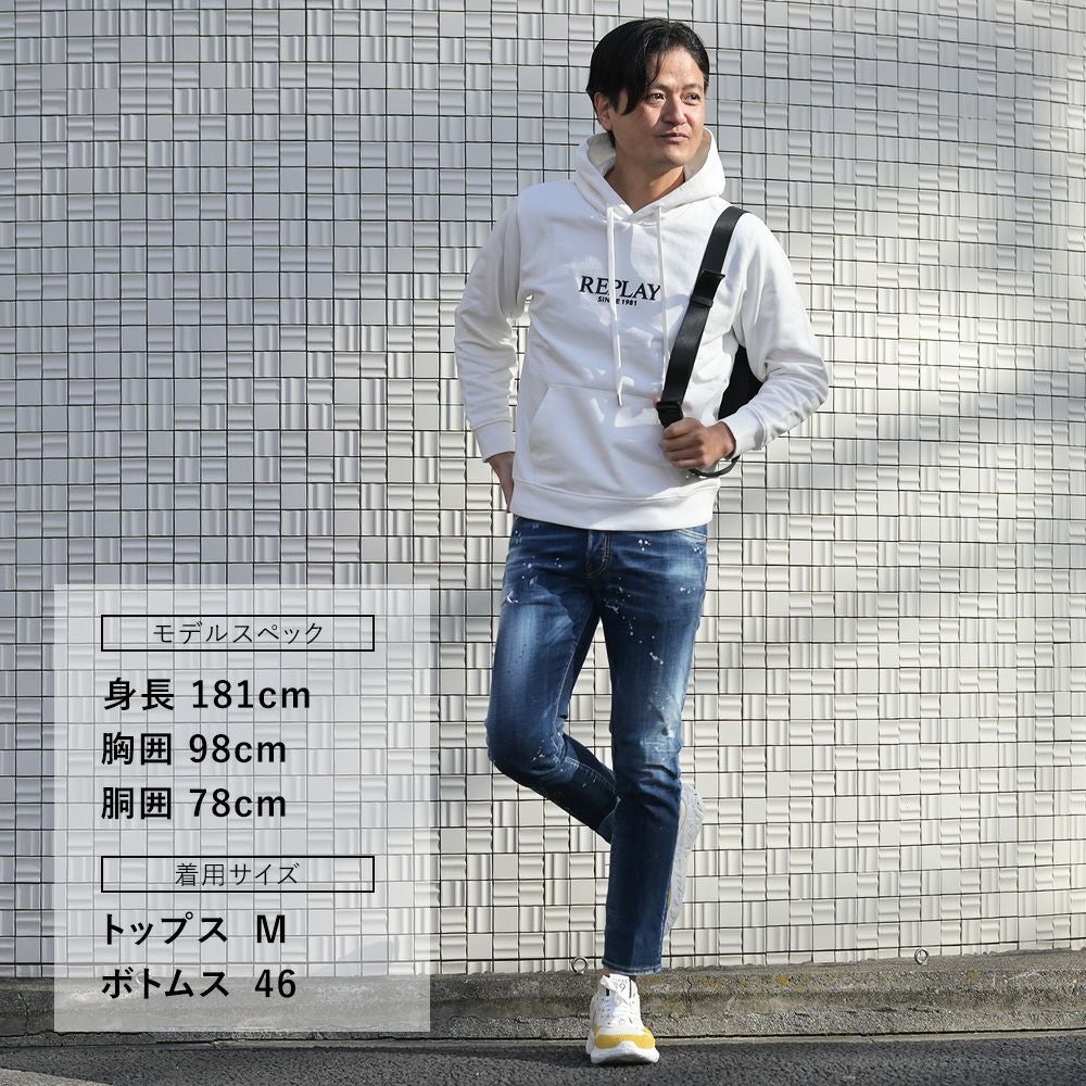 リプレイREPLAYプルオーバーパーカーメンズコットン100%スウェットホワイト白ブランドロゴデザインドローコードレギュラーフィット国内正規品でらでら公式ブランド