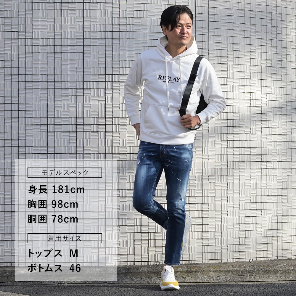 リプレイREPLAYプルオーバーパーカーメンズコットン100%スウェットホワイト白ブランドロゴデザインドローコードレギュラーフィット国内正規品でらでら公式ブランド