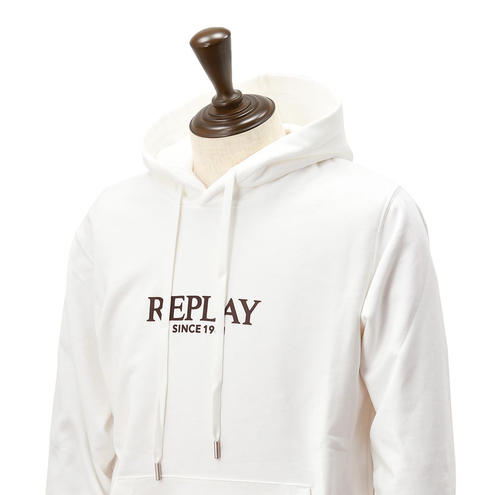 リプレイREPLAYプルオーバーパーカーメンズコットン100%スウェットホワイト白ブランドロゴデザインドローコードレギュラーフィット国内正規品でらでら公式ブランド