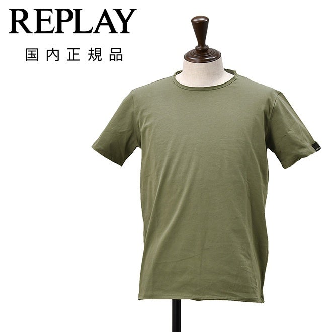 リプレイREPLAY半袖Tシャツメンズクルーネックカットソーダメージ風デザインコットンジャージーオリーブグリーン左袖ブランド織りタグ薄手仕様レギュラーシルエット国内正規品でらでら公式ブランド