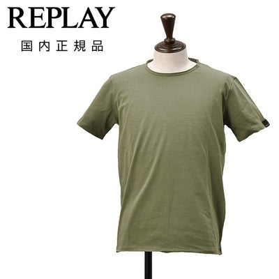 リプレイREPLAY半袖Tシャツメンズクルーネックカットソーダメージ風デザインコットンジャージーオリーブグリーン左袖ブランド織りタグ薄手仕様レギュラーシルエット国内正規品でらでら公式ブランド