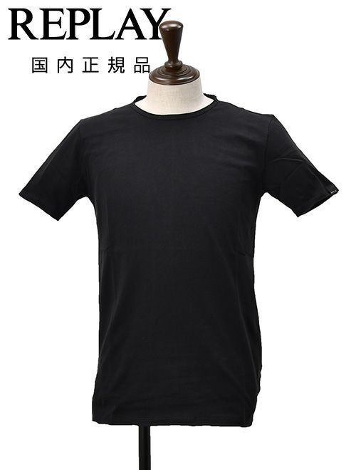 リプレイREPLAY半袖Tシャツメンズクルーネックカットソーダメージ風デザインコットンジャージーブラック黒左袖ブランド織りタグ薄手仕様レギュラーシルエット国内正規品でらでら公式ブランド