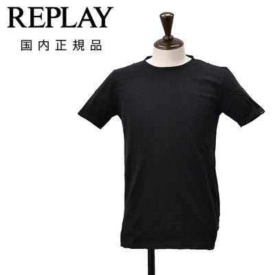 リプレイREPLAY半袖Tシャツメンズクルーネックカットソーダメージ風デザインコットンジャージーブラック黒左袖ブランド織りタグ薄手仕様レギュラーシルエット国内正規品でらでら公式ブランド