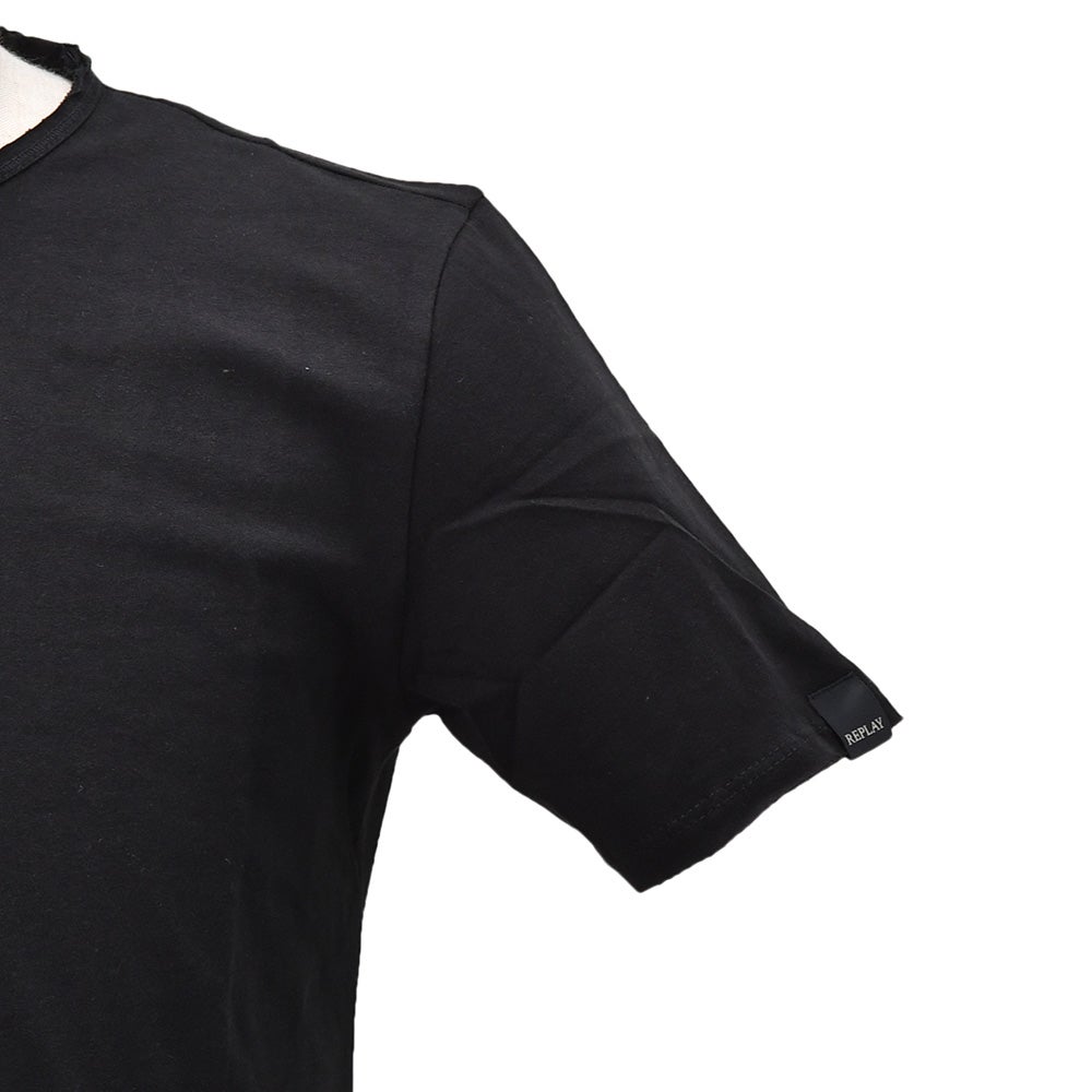 リプレイREPLAY半袖Tシャツメンズクルーネックカットソーダメージ風デザインコットンジャージーブラック黒左袖ブランド織りタグ薄手仕様レギュラーシルエット国内正規品でらでら公式ブランド