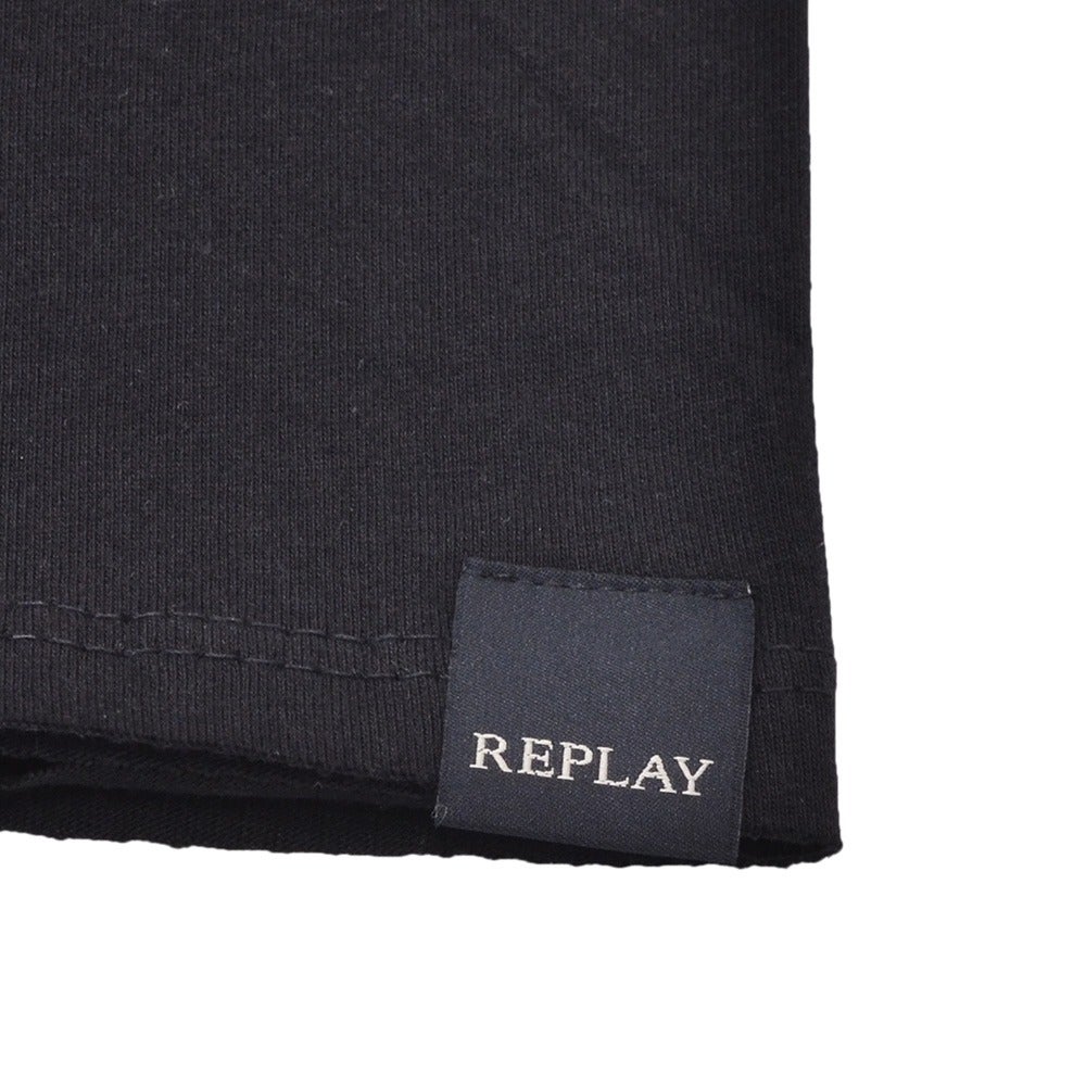 リプレイREPLAY半袖Tシャツメンズクルーネックカットソーダメージ風デザインコットンジャージーブラック黒左袖ブランド織りタグ薄手仕様レギュラーシルエット国内正規品でらでら公式ブランド