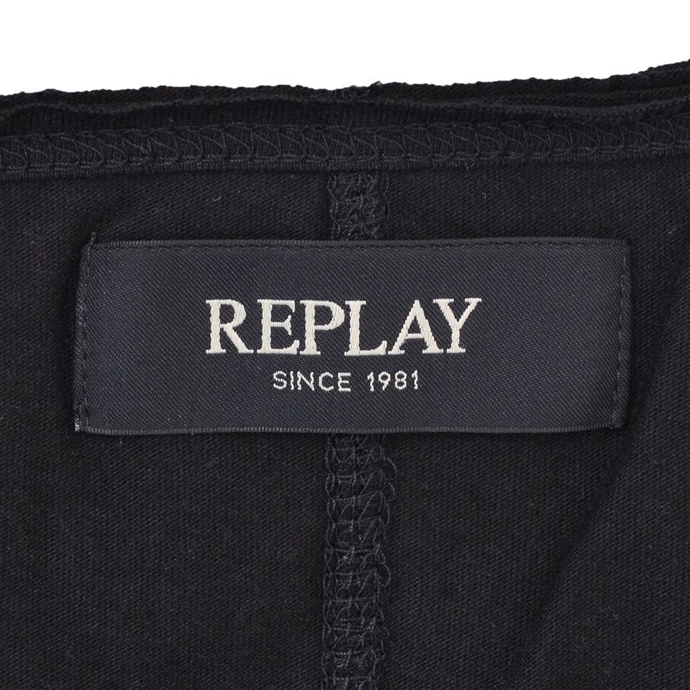 リプレイREPLAY半袖Tシャツメンズクルーネックカットソーダメージ風デザインコットンジャージーブラック黒左袖ブランド織りタグ薄手仕様レギュラーシルエット国内正規品でらでら公式ブランド
