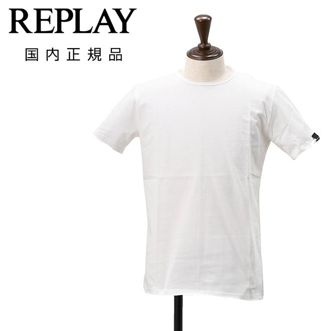 リプレイREPLAY半袖Tシャツメンズクルーネックカットソーダメージ風デザインコットンジャージーホワイト白左袖ブランド織りタグ薄手仕様レギュラーシルエット国内正規品でらでら公式ブランド