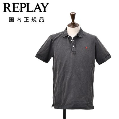 リプレイREPLAY半袖ポロシャツメンズ3つ釦鹿の子地コットンピケブラックウォッシュ製品染めブランドロゴ刺繍レギュラーフィット国内正規品でらでら公式ブランド